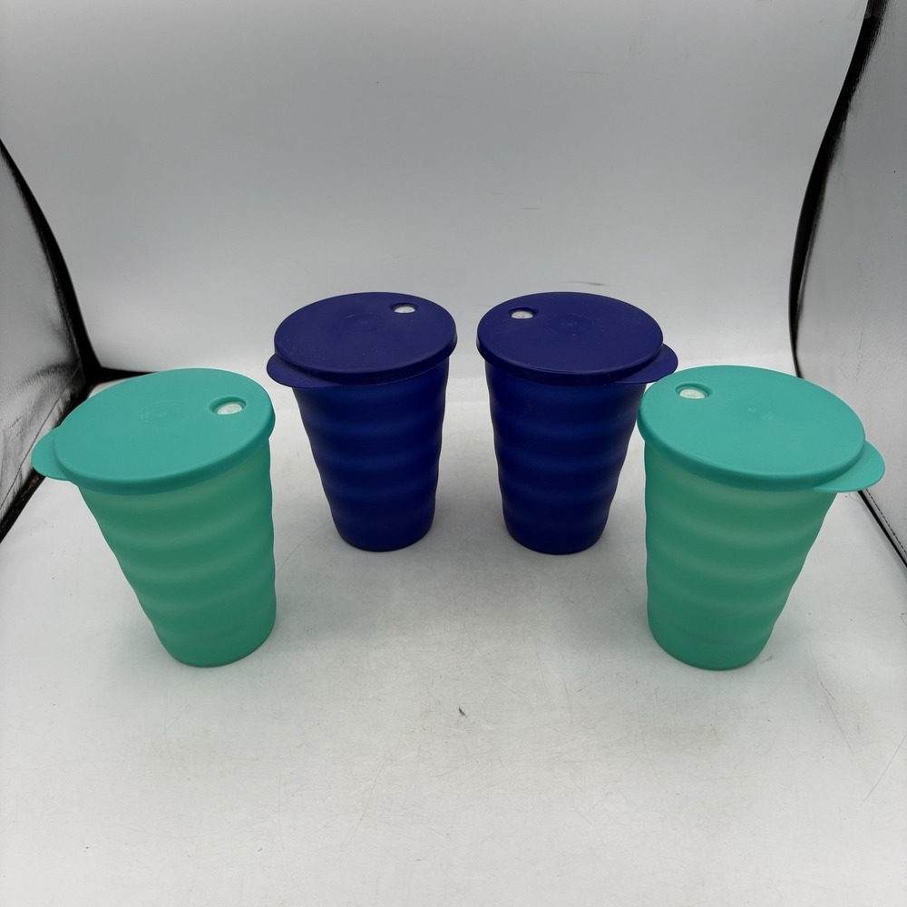 Tupperware Impressions Tumblers 16 oz 500ml with Straw Seal Lids Blues Lot of 4